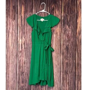Maeve Anthropologie Dress Womens 2 Emerald Green Ruffle Wrap Midi Cocktail